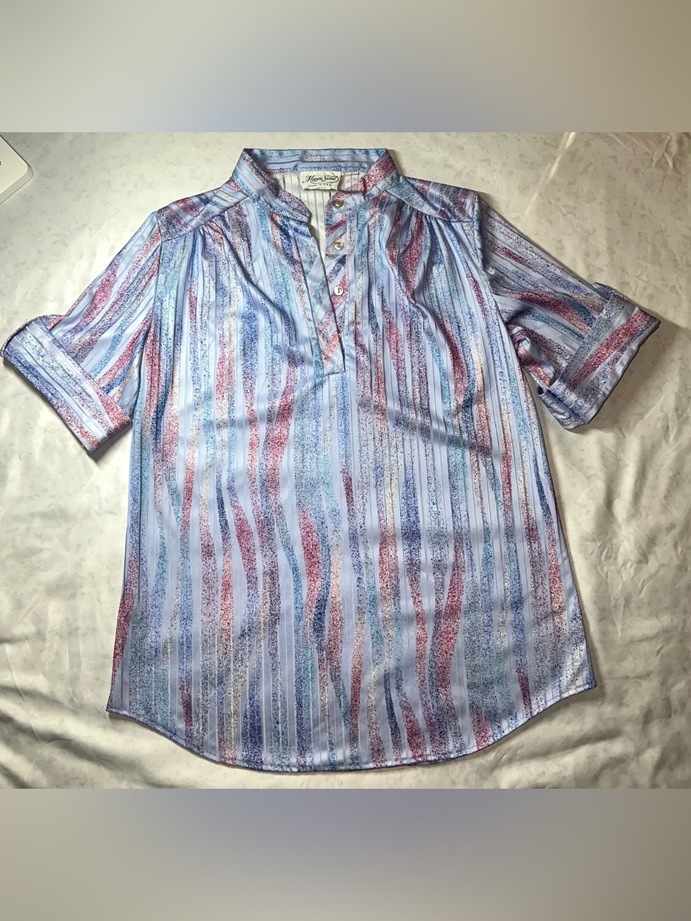 Vintage 80s Maggie Sweet Pastel Striped Women’s Henley Blouse, Medium